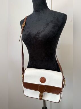 White and Brown Leather Flap Crossbody Bag with Adjustable Strap